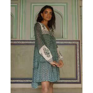 Daughters Of India Rooh Mini Dress Pine Long Sleeve Turquoise Medium Cotton